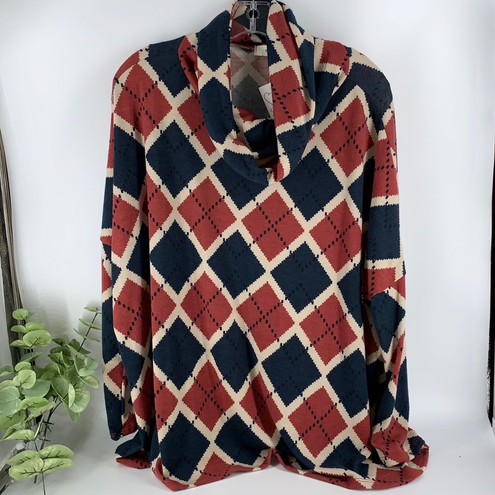 New Boutique Navy Rust Argyle Soft Cowl Neck Tunic